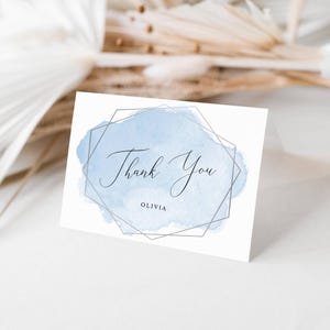 Blaue Aquarell Dankeschön-Karte bearbeitbare Vorlage | Personalisierte Silver Frame gefaltet Notiz, Größe A2 | Bearbeiten Sie Online, Digital Download 012