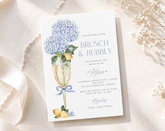 Brunch and Bubbly Bridal Shower Invitation, Hydrangea Lemon Floral, Corjl Editable Template 433