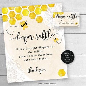 Editable Honey Bee, Mom to Bee Baby Shower Diaper Raffle Ticket and Display Sign, Self-Edit, Instant Download CORJL Template 033