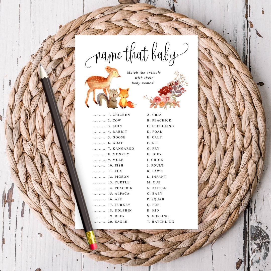 Printable Name That Baby Animal Matching Baby Shower Game, Woodland