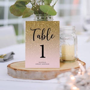 Gold Glitter Fade Editable Table Numbers, ANY EVENT, Edit Text and Background Color, Instant Download, Corjl Editable  Template 095