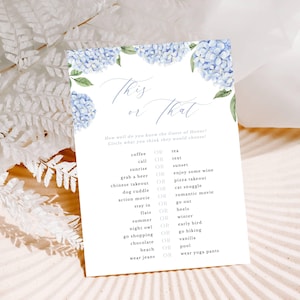 Jeu de société imprimable hortensia bleu, ceci ou cela, fleurs d'hortensia aquarelles, jeux de douche nuptiales imprimables, téléchargement numérique instantané 428