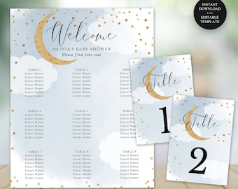 Blue Over the Moon Editable Seating Chart Sign & Table Number Cards, Multiple Sizes, Self-Edit, Instant Download, Corjl Template #703