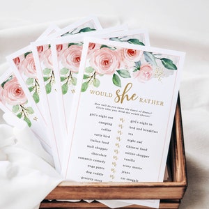 Afdrukbare vrijgezellenfeestspelletjes roze en gouden aquarel rozen zou ze liever hebben, dit of dat feestspel afdrukbaar bestand, instant download 418