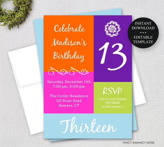 13th Birthday Invitation, Editable Text, Bright Colors, Any Age, Print ...