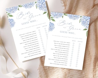 Blue Hydrangea Printable Shower Game, Guess Who Bride or Groom, Instant Digital Download 428