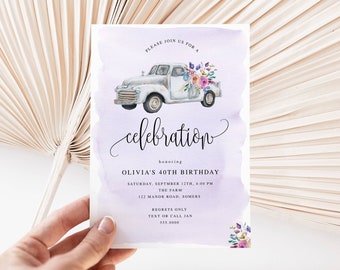 Flower Truck Editable Birthday Invitation, "Celebration"  Lavender Floral, Print/Text, Instant Download, Corjl Template 035