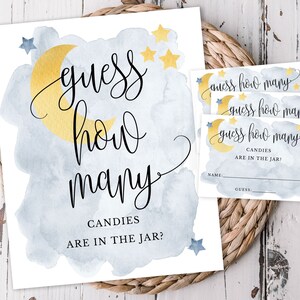 Juego de Baby Shower "Adivina cuántos hay en Blue Over the Moon", letrero y tarjetas, temática de luna y estrellas, personalizable en línea, plantilla editable 721
