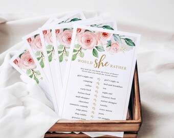 Bridal Shower Game, Printable Would She Rather, This or That Party Game,  Pink and Gold Watercolor Roses, Instant Download 418