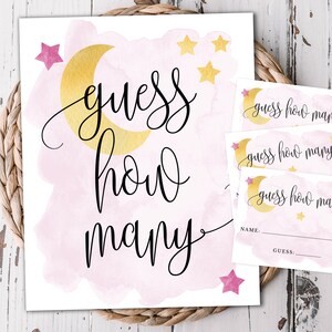 Pink Over the Moon Indovina quanti Baby Shower Game, cartello espositivo e carte, tema luna e stelle, download digitale istantaneo, file stampabile 721
