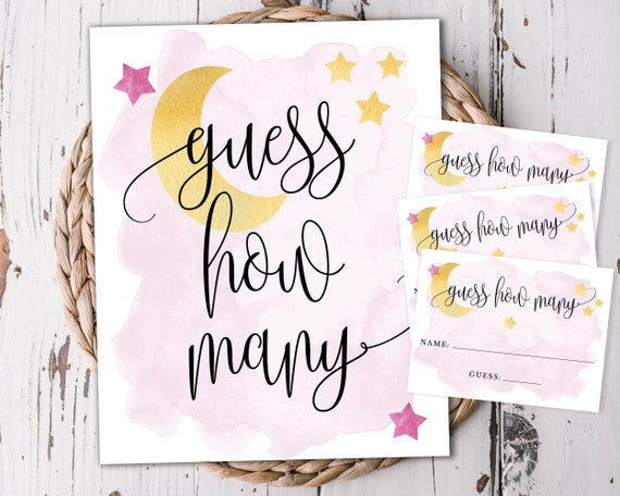 Pink Over the Moon Theme, Guess How Many Baby Shower Activity, Display Sign and Cards, Instant Download, Printable Digital File #721 Il_570xn