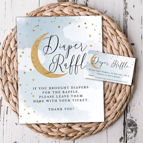 Diaper Raffle Sign and Tickets, Baby Shower Blue Over the Moon, Gold Glitter Moon and Twinkle Stars, Printable Files, Instant Download 703