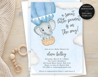 Elephant Blue Baby Shower Editable Invitation, Blue Watercolor LIttle Peanut Elephant, Print or Text, Instant Download, CORJL Template  032