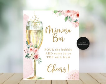 Mimosa Bar Sign, Pink Watercolor Floral and Champagne Glass, Pink and Gold, Instant Download, Printable Digital File #418