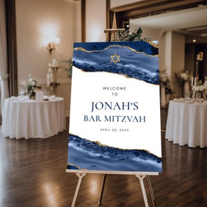 Blue and Gold Agate Bar Mitzvah Welcome Sign, Corjl Editable Template #137