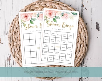 Druckbares, gefülltes Baby-Dusche-Bingo Spiel, Rosa Aquarell Blumen, 50 einzigartige Karten plus leere Karten, Sofort Download #418