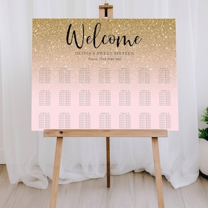 Gold Glitter Fade Editable Seating Chart Sign-Horizontal, Multiple Sizes Edit Color Add Remove Tables, Instant Download, Corjl Template 095