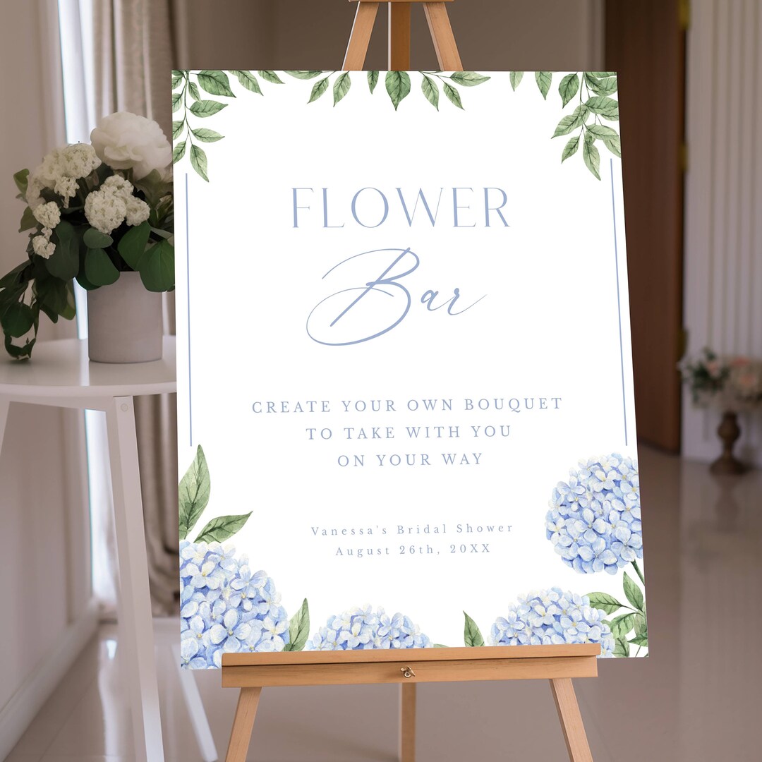 Blue Hydrangea Editable Flower Bar Sign Template, Shower, Wedding ...