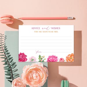 Advieskaarten voor roze pioenrozen en wensen voor de bruidsdouche | Roze en oranje bloemen: 4 x 6 inch | Zelf afdrukken, direct downloaden 119