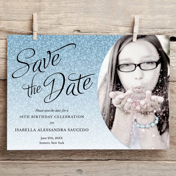 Editable Photo Save the Date Announcement Card Light Blue Sparkle Glitter Edit Text, Print or Text, Instant Download, Corjl Template-1434