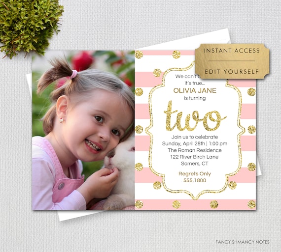 Editable 2nd Birthday PHOTO Invitation, Pink and Gold Glitter Two, Print or Text Digital Invitation, Editable Invitation Template, 1200 Il_570xn