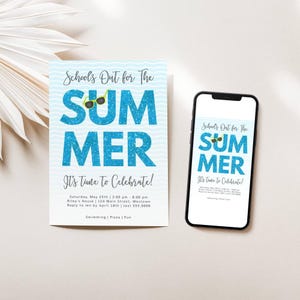 End of School Year Party Invitation, School’s Out for Summer, Blue Glitter Cool Shades Sunglasses, Editable Template for Text or Print, 069