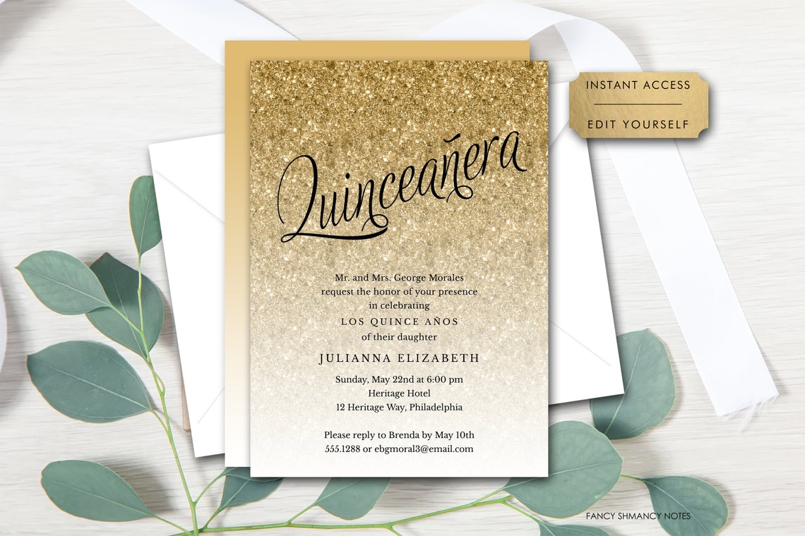 Quinceanera Gold Glitter Fancy Script Editable Birthday Party Etsy