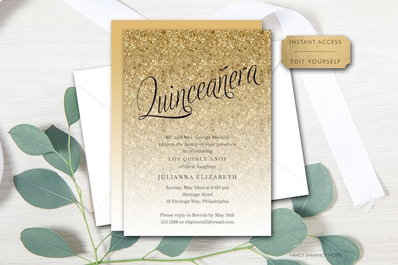 Gold Ombre Glitter Quinceanera Editable 15th Birthday Invitation, Gold Faux Glitter, Printable Digital Invitation, Item #1436 Il_570xn