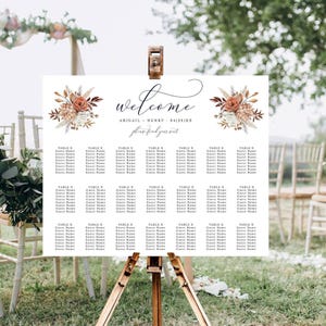 Fall Seating Chart Template, Terracotta Flowers Editable Horizontal Sign in 3 Sizes, Rustic Autumn Floral, Corjl Editable Template 124
