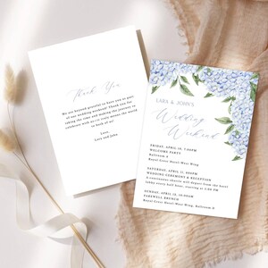 Cartão de itinerário de casamento de hortênsia azul | Floral azul | Cartão de bolsa de boas-vindas de 5x7 pol. | Editar texto online | Download digital, modelo editável 428
