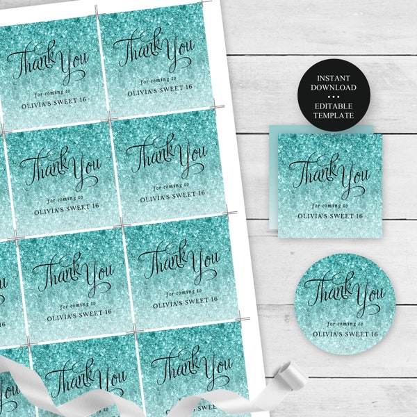 Aqua Blue Glitter Editable Thank You Favor Tags Stickers ANY EVENT, 3 Sizes Circle Square, Edit Text Instant Download, CORJL Template, #2147