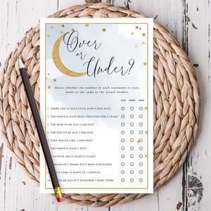 Over Under Baby Shower Printable Game, Blue Watercolor Over the Moon Theme,  DIY Shower Games Print Yourself, Instant Download #703