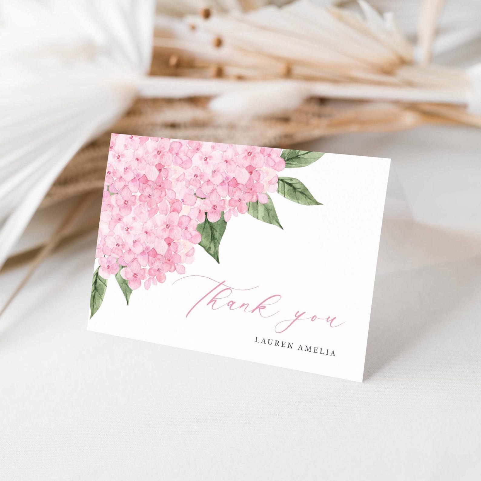Editable Pink Hydrangea Blooms Thank You Folded Note Card Template ...