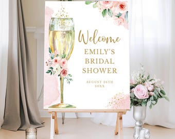 Champagne Glass Editable Welcome Sign Pink Flowers Gold Accents, ANY EVENT, 3 sizes, Self-Edit Text, Instant Download, Corjl Template #418