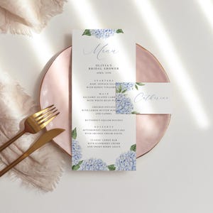 Cartão de visita editável de hortênsia azul e modelo de menu personalizado, configurações de lugar faça você mesmo, download digital, modelo editável 428
