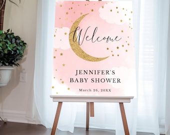 Pink Over the Moon Editable Baby Shower Welcome Sign, Gold Glitter Moon Stars, 3 Sizes, Self-Edit, Instant Download, Corjl Template #703