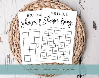 Bridal Shower Bingo, Brush Script Printable Bridal Shower Games, 50 Prefilled, Blank Cards, Calling Cards Instant Download Digital File 091