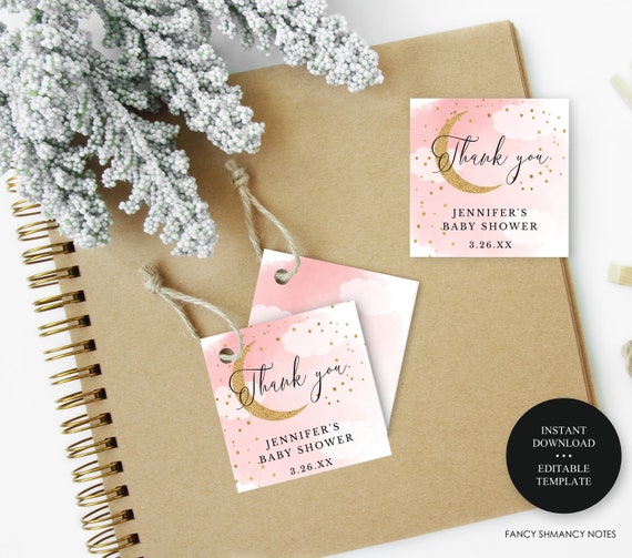 Pink and Gold Glitter Moon and Stars, Baby Shower Favor Tags/Stickers