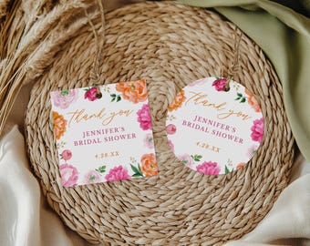Pink Peony Floral Shower Favor Tags, 3 Sizes-Circle or Square, Bright Pink and Orange Flowers, Personalize Online, Editable Template 119