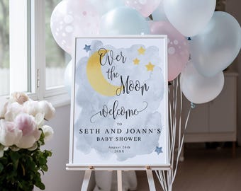 Blue Over the Moon Baby Shower Welcome Sign in 3 Sizes, We're Over the Moon, Moon & Stars Theme, Personalize Online, Editable Template 721