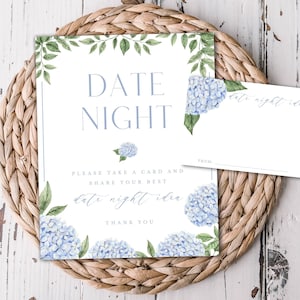 Blue Hydrangea Date Night Jar Sign and Printable Cards, Bridal Shower, Watercolor Blue Hydrangea Blooms, Instant Download Printable File 428
