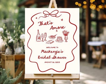 Letrero de bienvenida para despedida de soltera "That's Amore" en 3 tamaños, dibujos a mano de comida y bebida con temática italiana, plantilla Corjl editable, 317