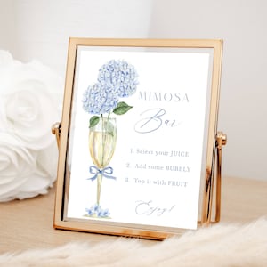 Blue Hydrangea Mimosa Bar Gold Champagne Glass Brunch Shower Party Signs, Dusty Blue Hydrangea Blooms Instant Download, Printable File 428