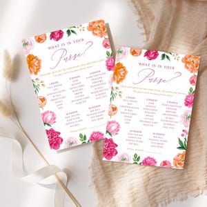 Roze pioenroos Wat zit er in je tas? Douchepartyspel | Roze en oranje lijst met heldere pioenrozen |  Afdrukbare kaarten van 5 x 7 inch | Direct downloaden 119