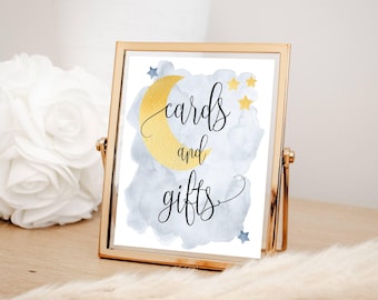 Blue Over the Moon, Cards and Gifts Baby Shower Sign, Blue Moon and Stars Theme, 8x10", Instant Digital Download, Printable File #721