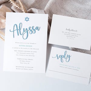 Blue & Silver Glitter Editable Bat Mitzvah Invitation and Reply Card SET Star of David Script Name Instant Download CORJL Template 079