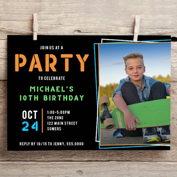 Simple Photo Birthday Invitation for Him-Edit Yourself-Any Age or Color-Kid Boy Teen-Print/Text-Instant Download-Corjl Editable Template-082