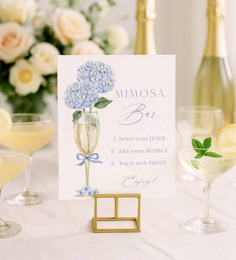Blue Hydrangea Mimosa Bar Sign, Champagne Glass Design, Instant Download, Printable File 428 image 3
