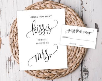 Guess How Many Kisses Bridal Shower Game Minimalist Calligraphy Script, White Background, Instant Download, Printable Digital File, 916