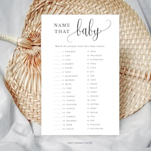 Printable Baby Animal Names Matching Game, Print at Home, Minimalist Calligraphy Script, Name That Baby Shower Game Instant Download 916